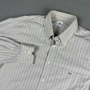 Lacoste Button Down Shirt Men's Size 45 Brown White Stripe Long Sleeve Pocket‎